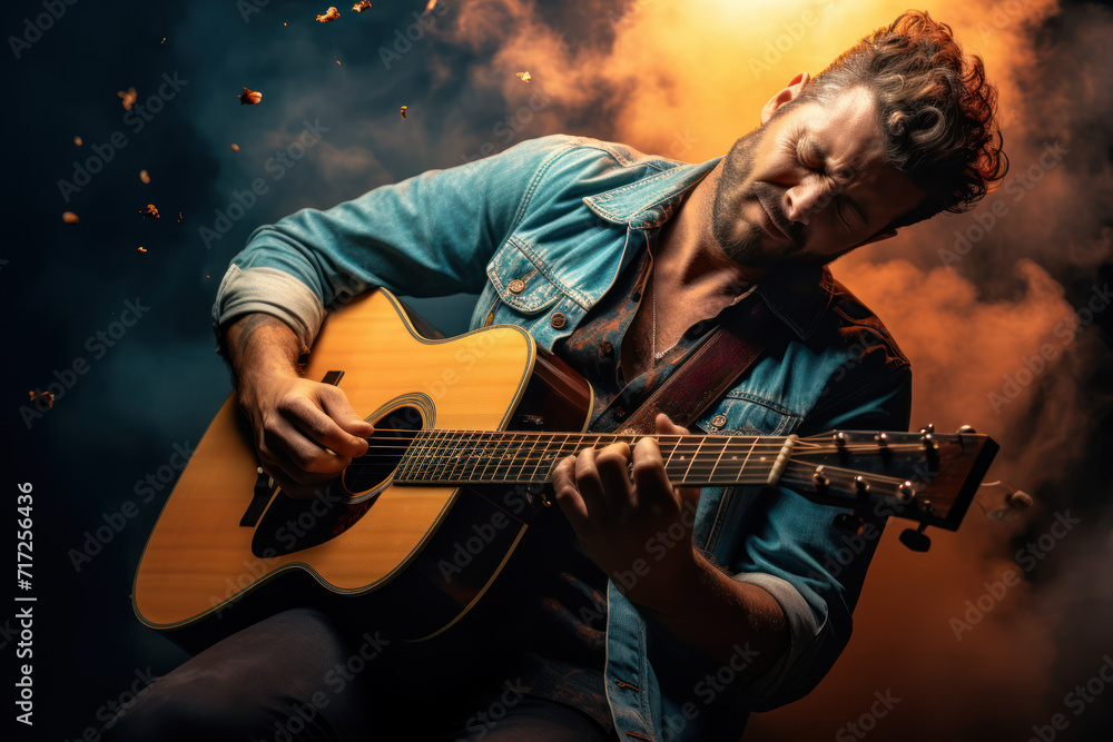 Obraz premium A musician playing a guitar with closed eyes, lost in the music, against a gradient background that evokes the emotional depth of artistic expression. Concept of musical passion. Generative Ai.