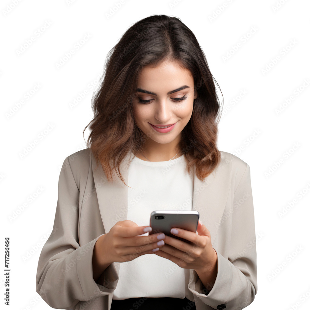 Portrait of a smiling woman having fun using smartphone, isolated on transparent background Portrait of a smiling woman having fun using smartphone, isolated on transparent background