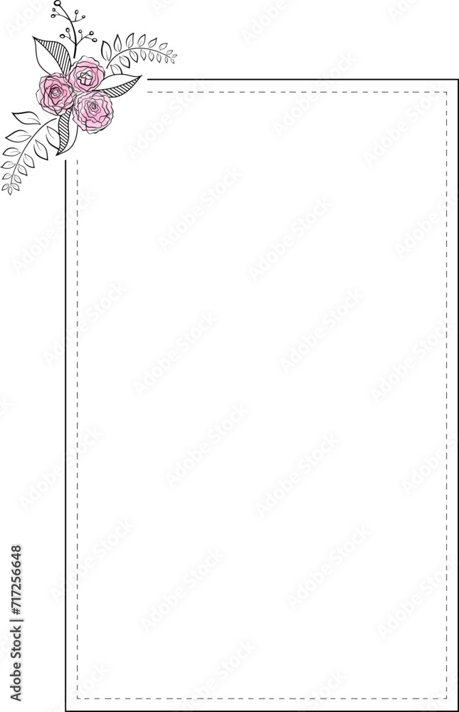 decorative border with dotted line and bouquet of pink roses in corner decorative border with dotted line and bouquet of pink roses in corner