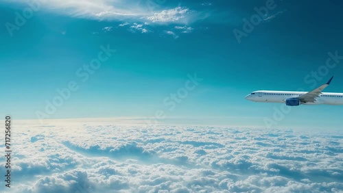 un avion de ligne travers l'écran en volant au dessus des nuages photo