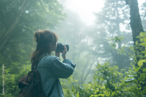young female traveler in casual summer clothes taking photo of green trees on photo camera while exploring nature in japan
