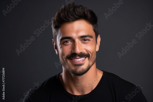Portrait of a handsome young man smiling at the camera on a dark background © Igor