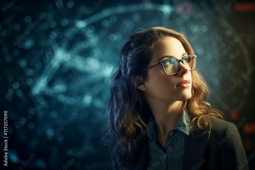 A Portrait of a Female Physicist Deep in Thought, Surrounded by Equations Scribbled on a Chalkboard, Illuminated by the Soft Glow of a Desk Lamp