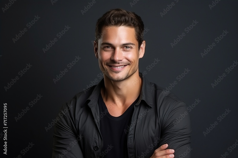 Portrait of a handsome young man smiling at the camera over dark background