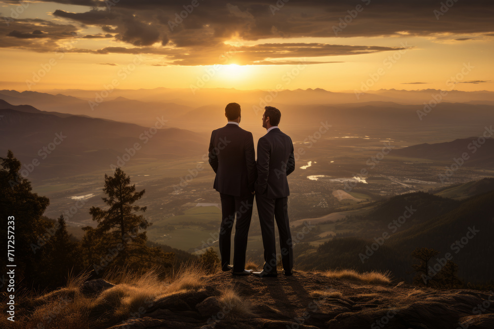 Two Successful Business Partners Sharing a Moment of Triumph on a Hill, Overlooking the Vibrant Colors of the Valley Below as the Sun Sets