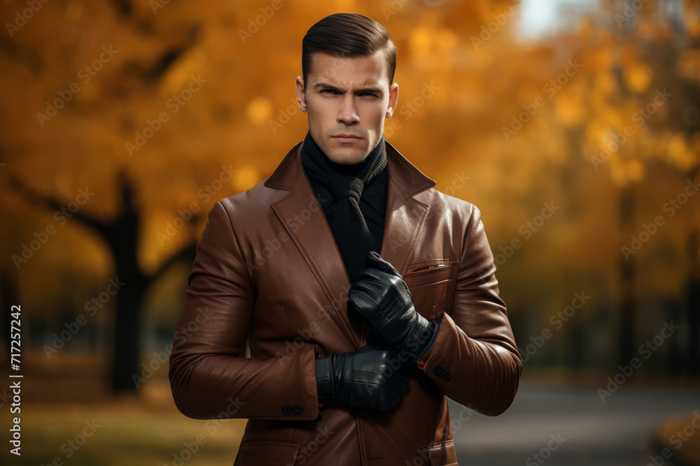 Determined Entrepreneur in a Sharp Suit and Leather Gloves, Warming His Hands in the Crisp Autumn Morning Air, Ready to Conquer the Business World