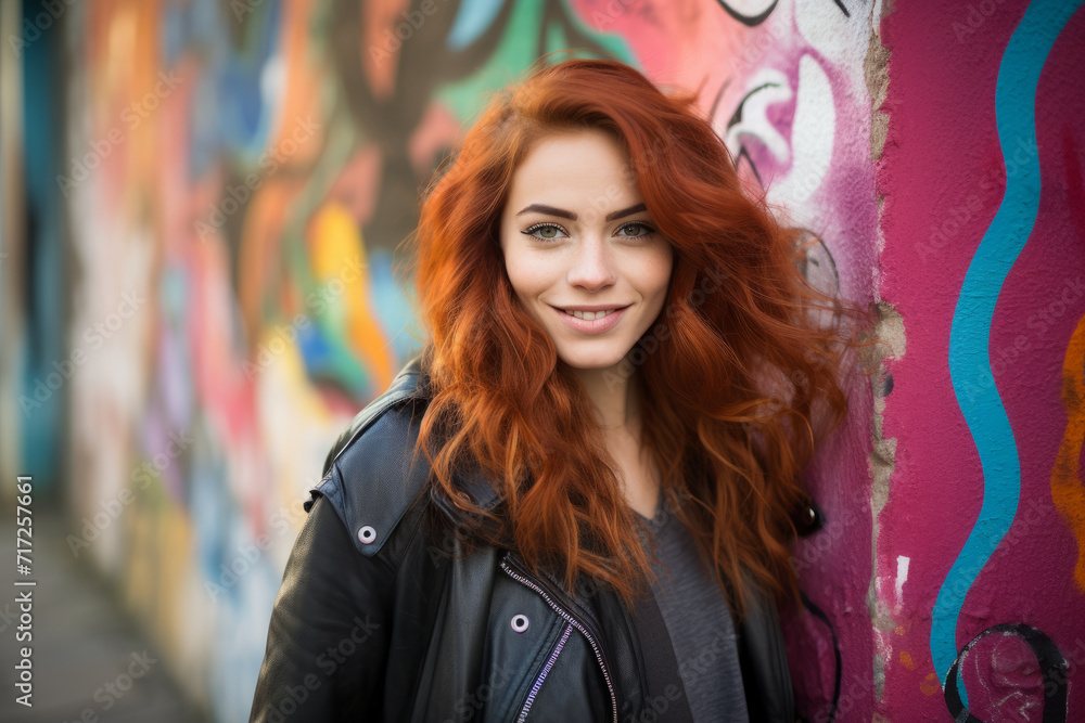 A confident young woman with vibrant red hair wearing a black graphic tee in a bustling urban setting, surrounded by colorful graffiti art and the energetic vibe of city life