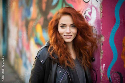 A confident young woman with vibrant red hair wearing a black graphic tee in a bustling urban setting, surrounded by colorful graffiti art and the energetic vibe of city life