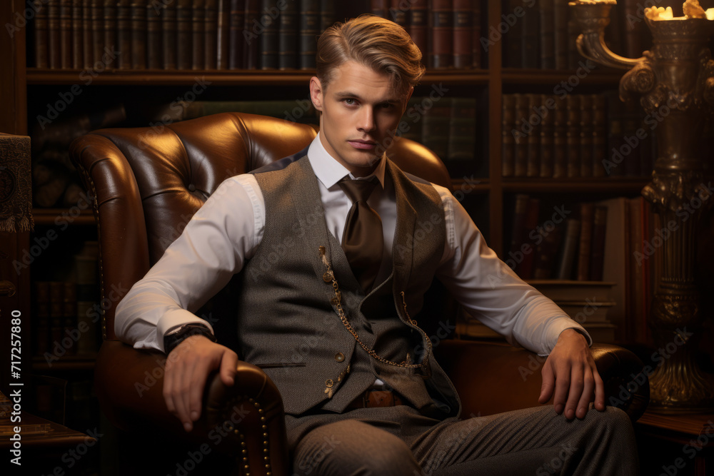 Elegant gentleman in a silver brocade waistcoat enjoys a peaceful moment on a vintage leather armchair, surrounded by antique books and warm ambient light