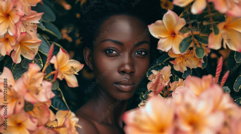 African descendant woman posing with flowers generative ai African descendant woman posing with flowers generative ai