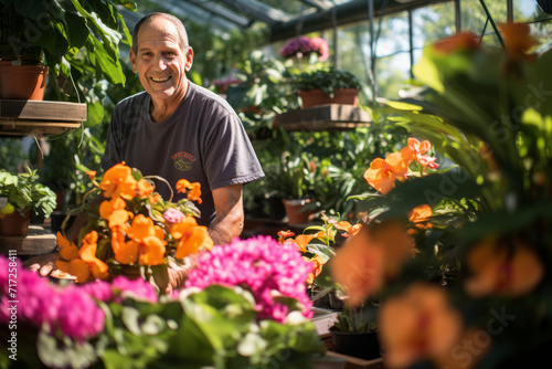 Fototapeta A dedicated horticulturist meticulously nurturing rare plants in a lush, vibrant