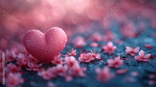 An unusual fascinating background for Valentine's day with red and pink hearts. The concept for a greeting card on 02/14/2012. Roses are flower petals, dew drops. Contemporary art.