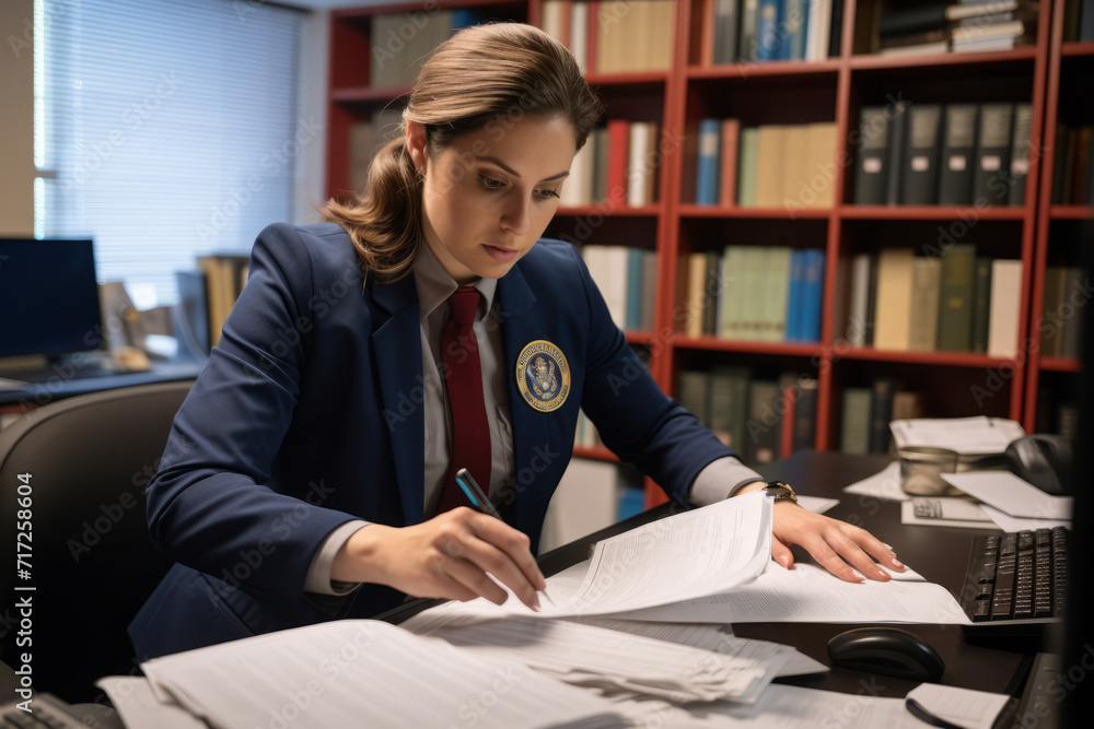 A dedicated Passport and Visa Examiner meticulously scrutinizing documents in a well-organized office, reflecting the seriousness of her role in border control A dedicated Passport and Visa Examiner meticulously scrutinizing documents in a well-organized office, reflecting the seriousness of her role in border control
