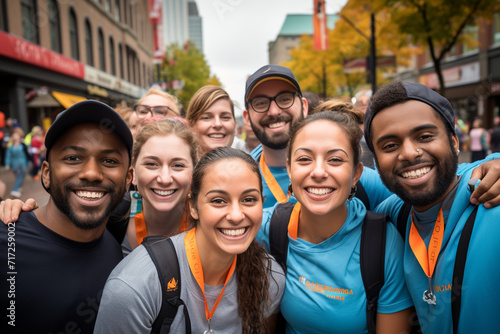 A group of volunteers organizing a charity run to raise funds for a local cause, depicting the energy, enthusiasm, and positive impact of community-driven events. photo