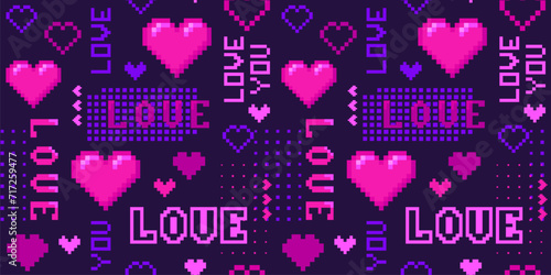 Valentines day, love theme vector seamless pattern. Retro 1980s - 1990s fashion,  pixel art style. Abstract background with hearts, text Love You, geometric shapes. Stylish repeated pop art design