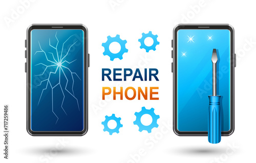 Mobile phone repair service, broken smartphone touch screen fix, change breaking telephone display, computer electronics renovation. Technical maintenance center. Recovery damage tablet device. Vector