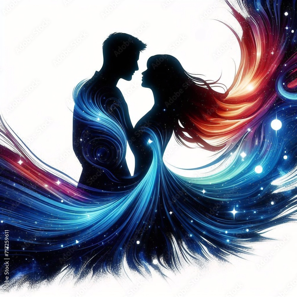 Silhouette of a loving couple in space with stars. Couple in love on ...