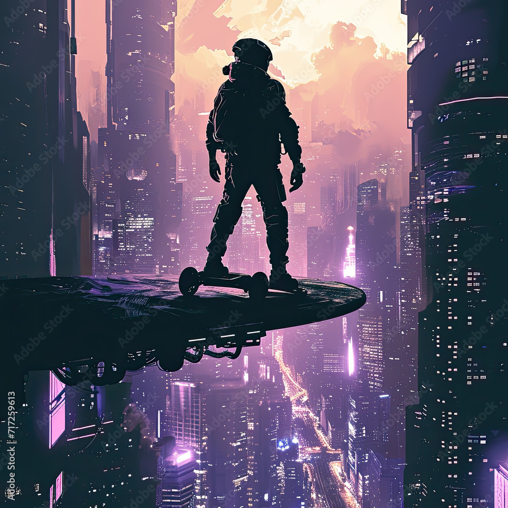 Fototapeta premium Futuristic Skyline Silhouette Showcasing Hoverboard Rider