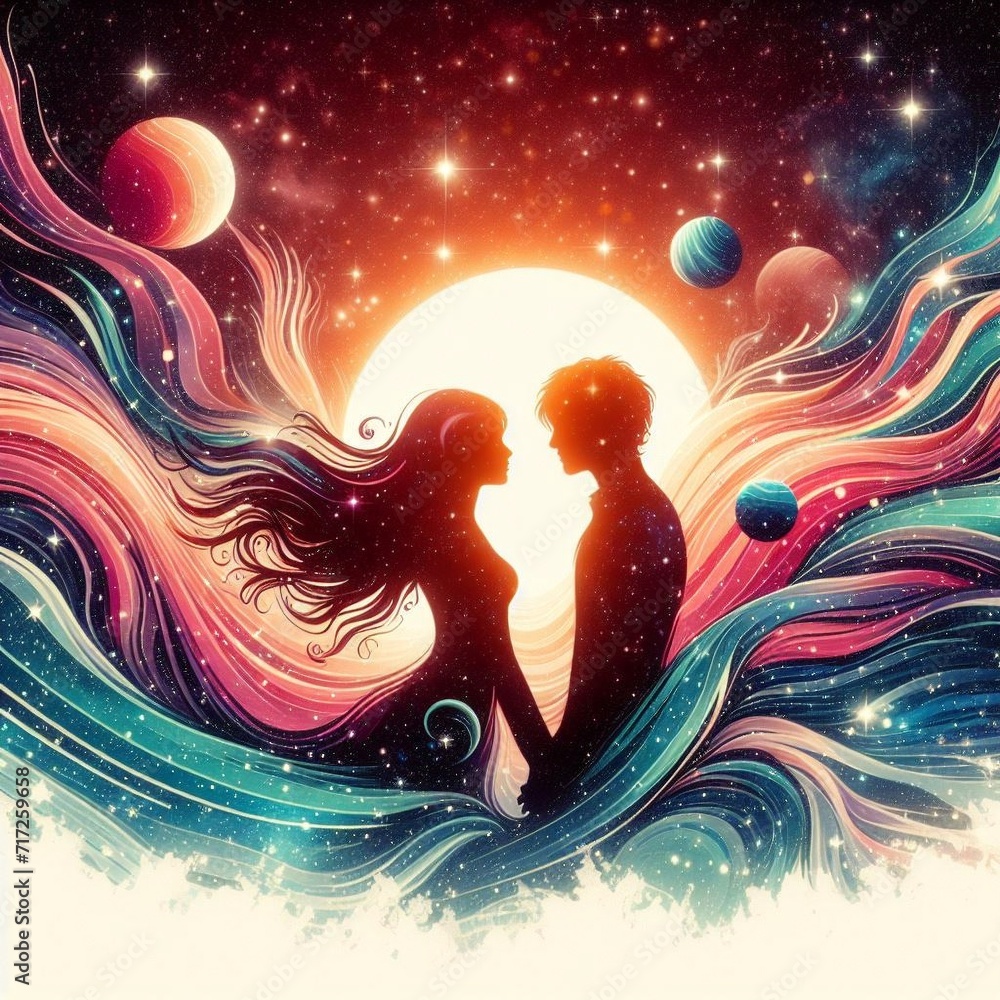 Silhouette of a loving couple in space with stars. Couple in love on ...
