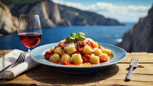 portion of Italian gnocchi with tomatoes and cheese on a wooden table in front of a gulf background with rocks photo