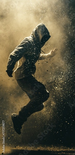 Young man with hoodie jumping and leaving a trail of coloured smoke and dust © Ziyasier