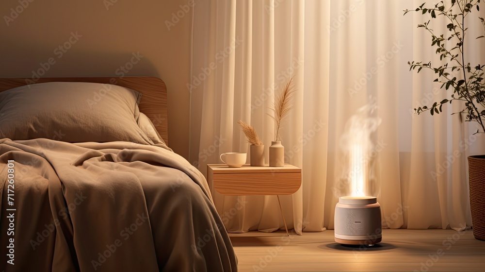 The cozy atmosphere in the bedroom, the diffuser of the aroma in the chair, creating a visually attractive and realistic installation.