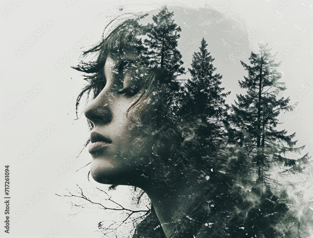 Portrait of woman, double exposure multilayer of the forest, peacefullness concept