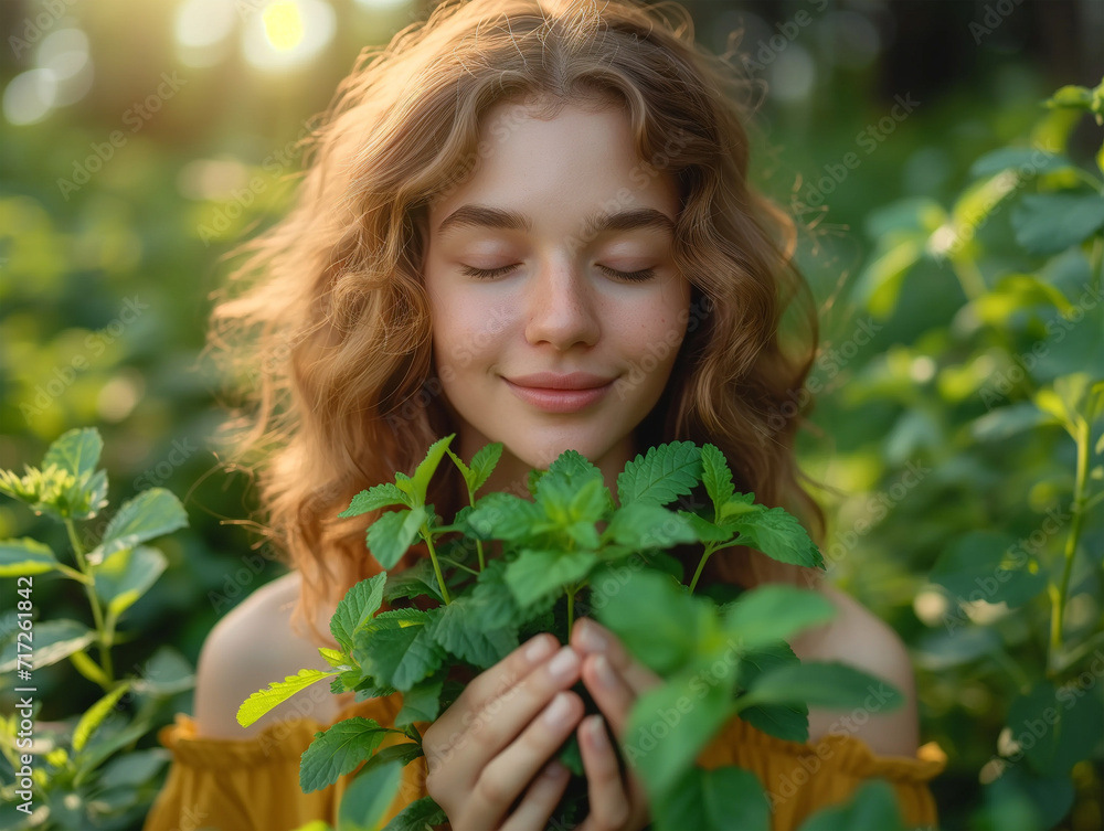 Graceful herbal girl holds and smells a bouquet of green herb in a peaceful natural setting. The ecological concept of love, care and respect for the environment. Ecosystem and Biodiversity Protection Graceful herbal girl holds and smells a bouquet of green herb in a peaceful natural setting. The ecological concept of love, care and respect for the environment. Ecosystem and Biodiversity Protection