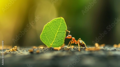 Ant that carry green leaf.
