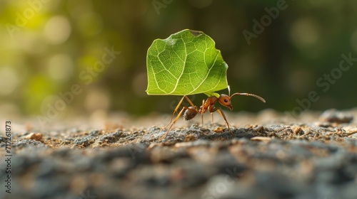 Ant that carry green leaf.