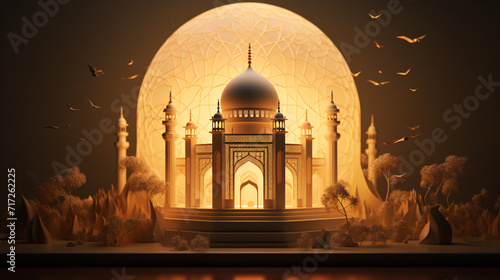 3D illustration of a beautiful Islamic mosque. Generative AI