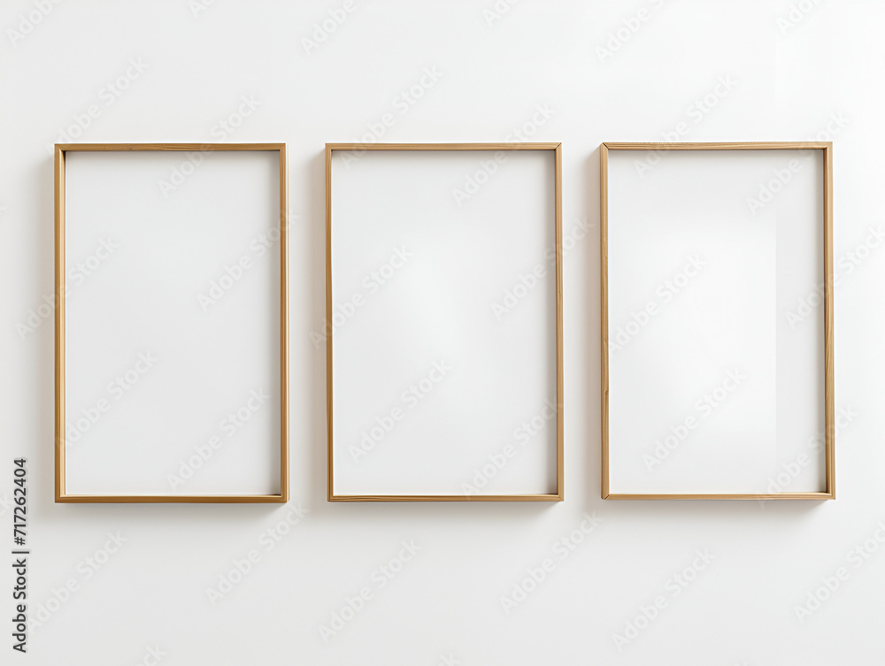 Empty picture frames hanging on a wall with bright natural lighting