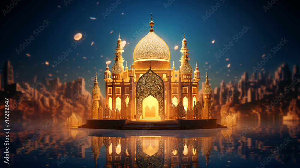3D illustration of a beautiful Islamic mosque. Generative AI
