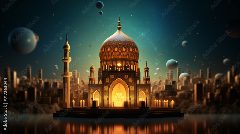 3D illustration of a beautiful Islamic mosque. Generative AI - obrazy, fototapety, plakaty 