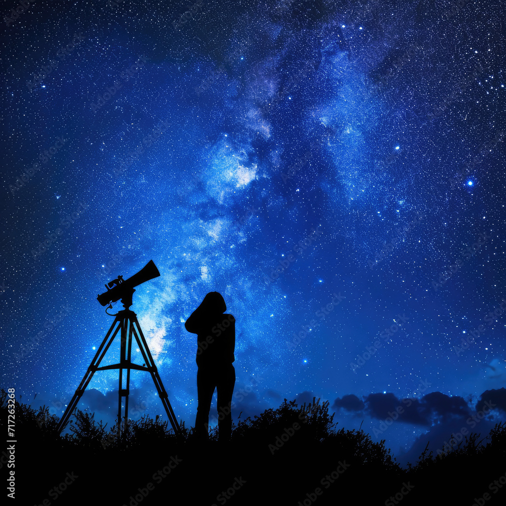 Amazing Starry Night Sky and Astronomer Silhouette Amazing Starry Night Sky and Astronomer Silhouette