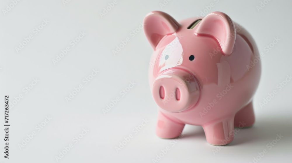 Classic pink piggy bank, standing against a clean white backdrop generative ai