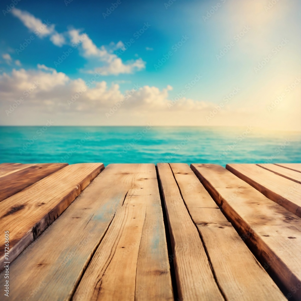 Wooden board empty table in front of blue sea & sky background. perspective wood floor over sea and sky - can be used for display or montage your products. beach & summer concepts.