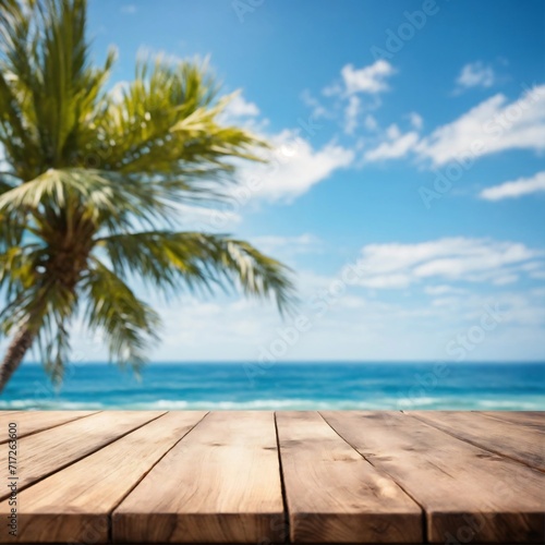 Wooden board empty table in front of blue sea   sky background. perspective wood floor over sea and sky - can be used for display or montage your products. beach   summer concepts.