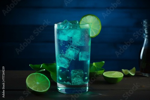 A refreshing beverage featuring a vibrant blue hue, accompanied by a tangy lime and refreshing splashes of water. Generative AI