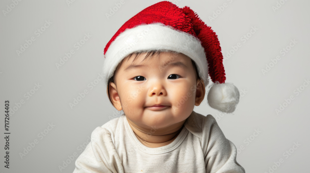 Portrait of an asian baby with a christmas hat on white studio background Portrait of an asian baby with a christmas hat on white studio background