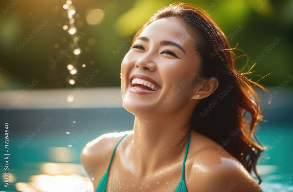 sexy asian woman having fun, enjoying vacation in bikini. summertime leisure, sunbathing in pool