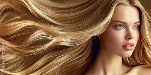 Banner for a hair salon featuring glossy, wavy, beautiful blonde hair on a young woman with long, healthy hair.