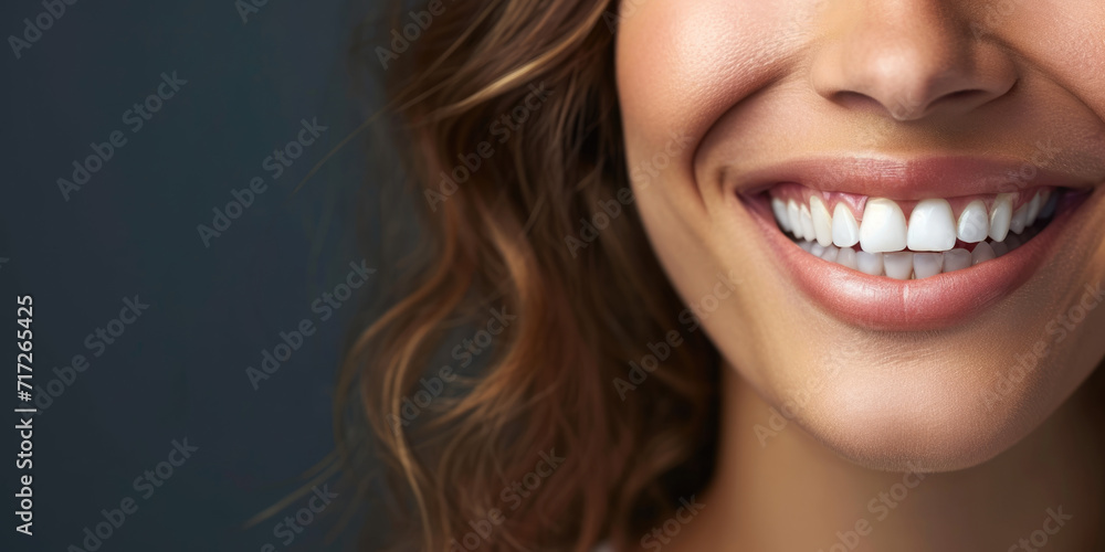 Banner with close-up of a beautiful smiling woman with white perfect teeth isolated on dark black. Banner with close-up of a beautiful smiling woman with white perfect teeth isolated on dark black.