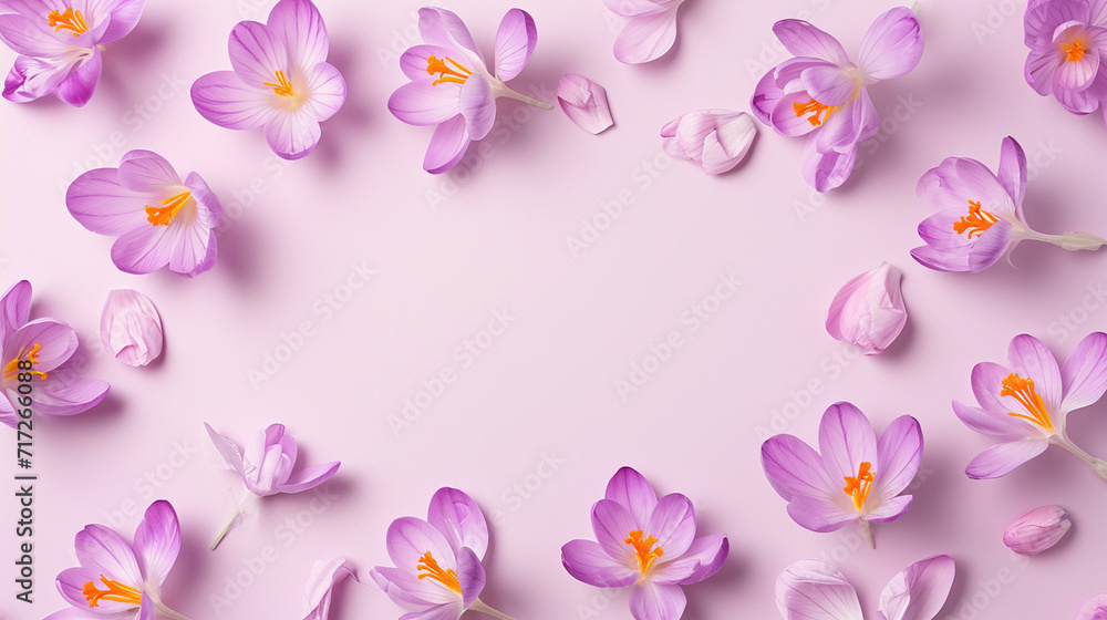 A sparse scattering of crocuses against a pastel-colored background, Valentine's Day, Flat lay, top view, aesthetic background, with copy space