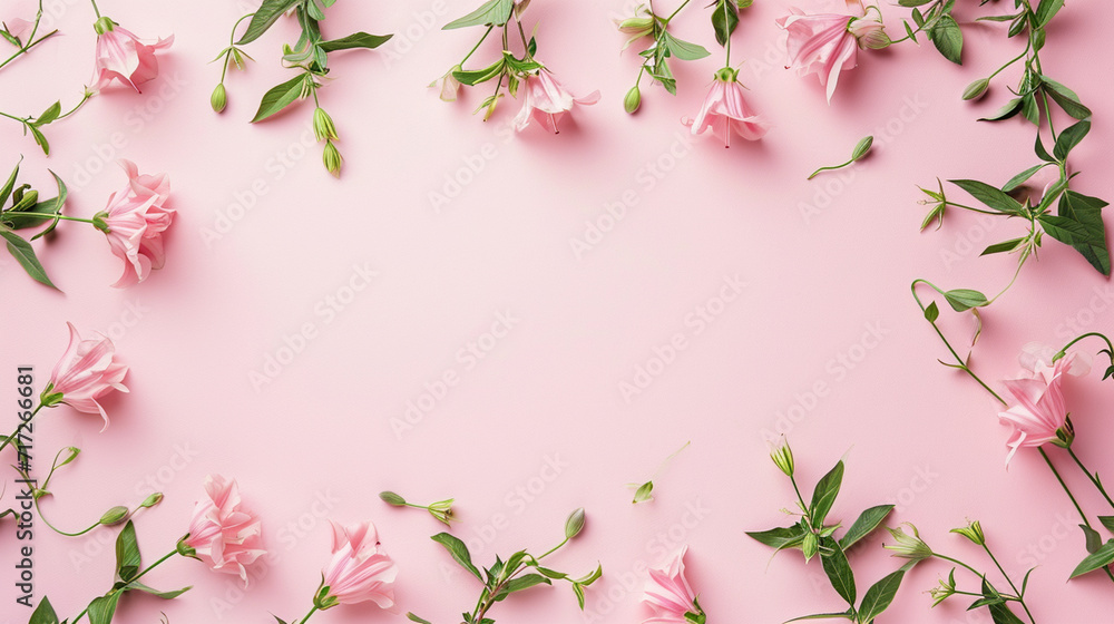 Small bellflowers creating a gentle frame on a pale pink surface, Valentine's Day, Flat lay, top view, with copy space