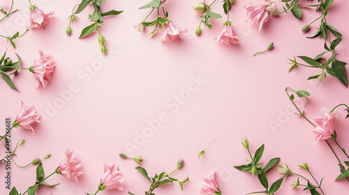 Small bellflowers creating a gentle frame on a pale pink surface, Valentine's Day, Flat lay, top view, with copy space