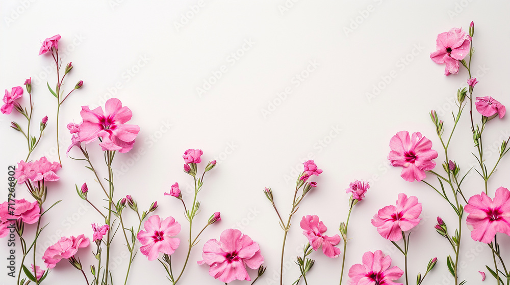 Delicately arranged pink phlox flowers forming a minimalist border, Valentine's Day, Flat lay, top view, with copy space