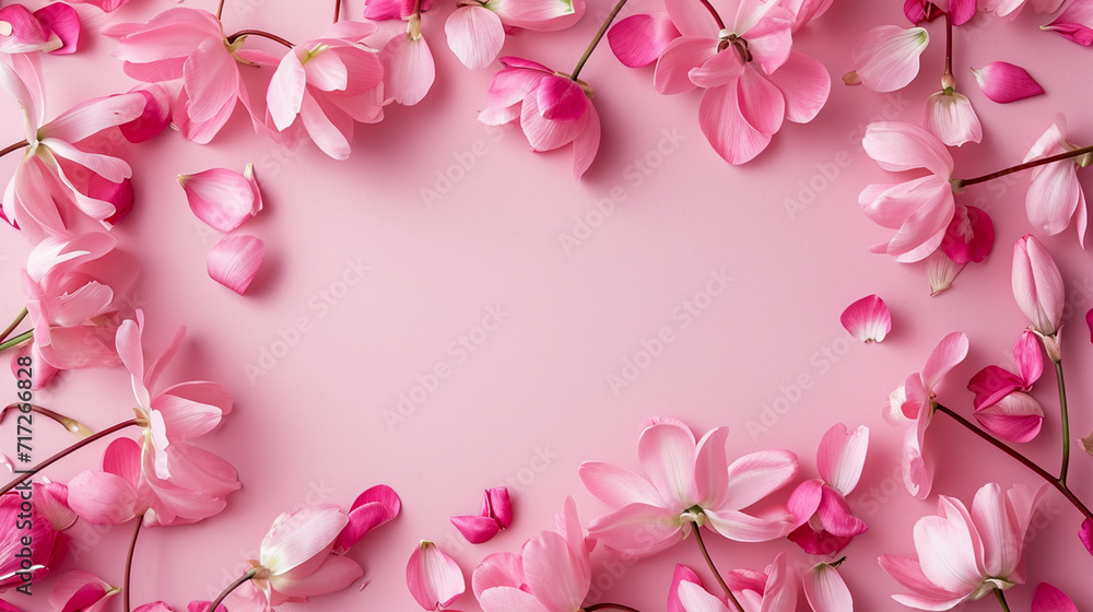 Tiny blooms of pink cyclamen creating a gentle frame on a muted pink background, Valentine's Day, Flat lay, top view, with copy space