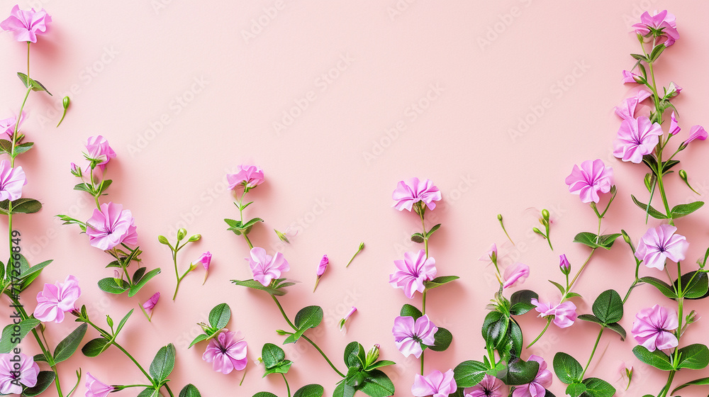 A scattering of pink periwinkle flowers along the border of a blush-toned backdrop, Valentine's Day, Flat lay, top view, with copy space