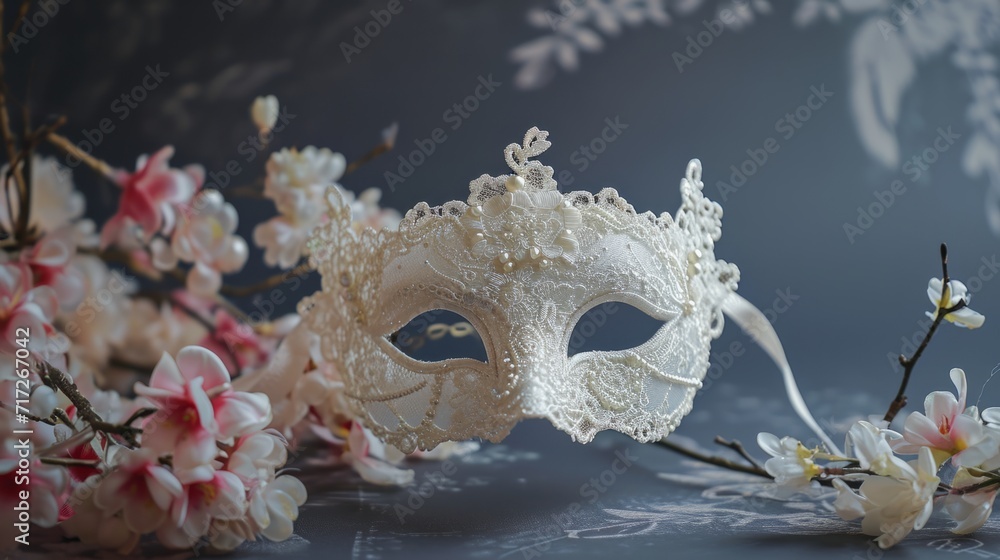 Naklejka premium Delicate pearl and lace masquerade mask, offering a sense of grace and refinement generative ai